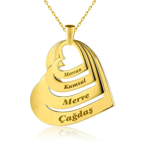 Four Customizable Names | Yellow Gold Color Heart Necklace