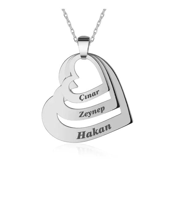 Three Customizable Names | White Gold Color Heart Necklace