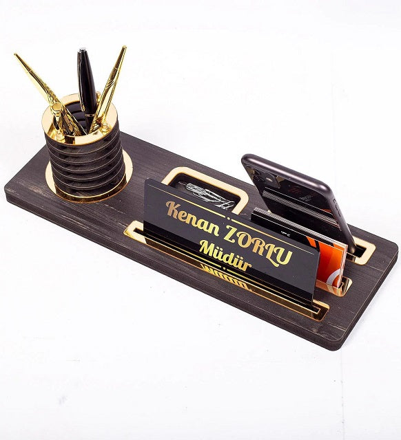 Customizable Wooden Desktop Nameplate with Gold Design