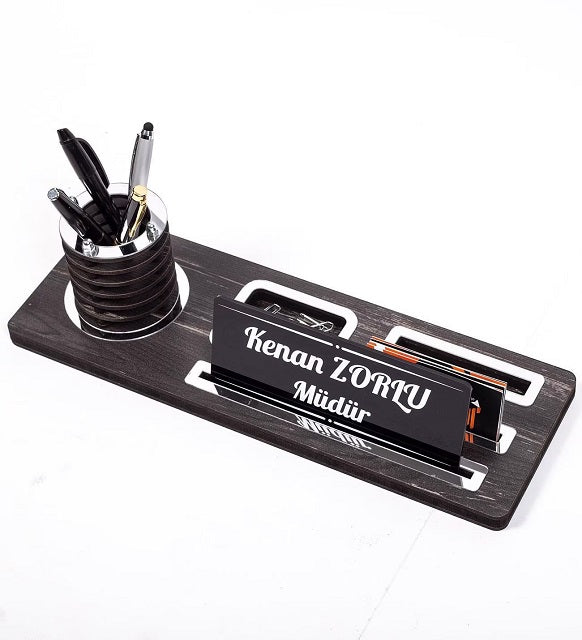Customizable Wooden Desktop Nameplate with Silver Design