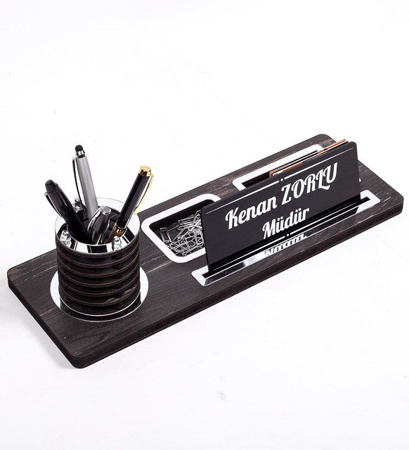 Customizable Wooden Desktop Nameplate with Silver Design
