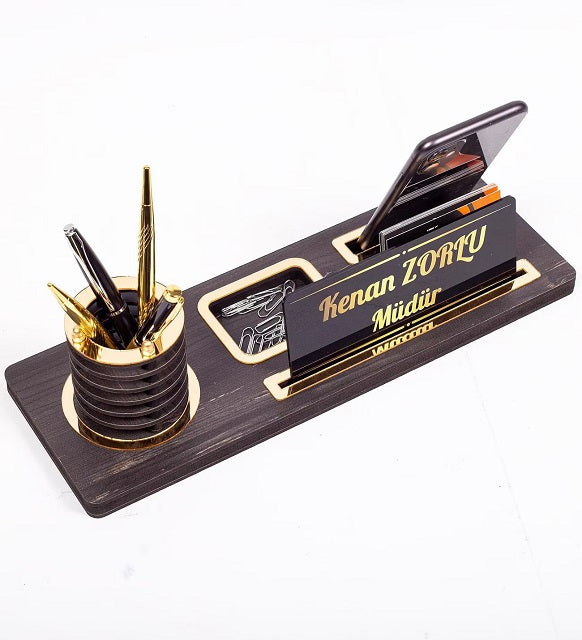 Customizable Wooden Desktop Nameplate with Gold Design