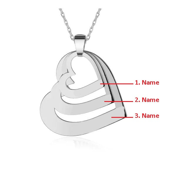 Three Customizable Names | White Gold Color Heart Necklace