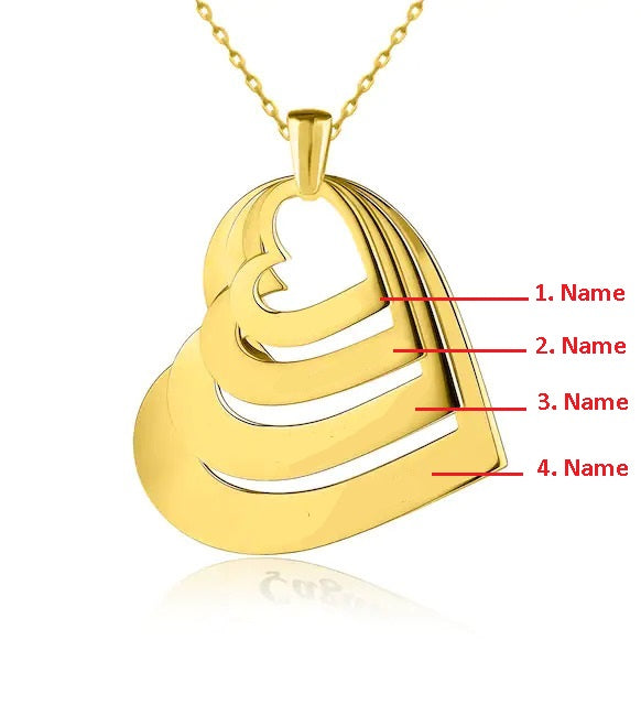 Four Customizable Names | Yellow Gold Color Heart Necklace