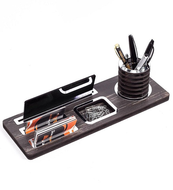 Customizable Wooden Desktop Nameplate with Silver Design