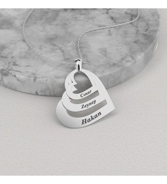 Three Customizable Names | White Gold Color Heart Necklace