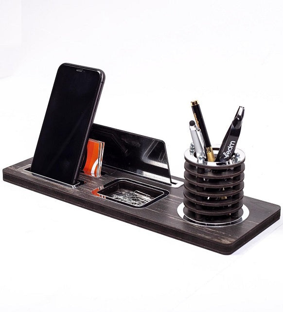 Customizable Wooden Desktop Nameplate with Silver Design