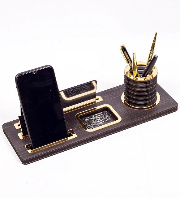 Customizable Wooden Desktop Nameplate with Gold Design