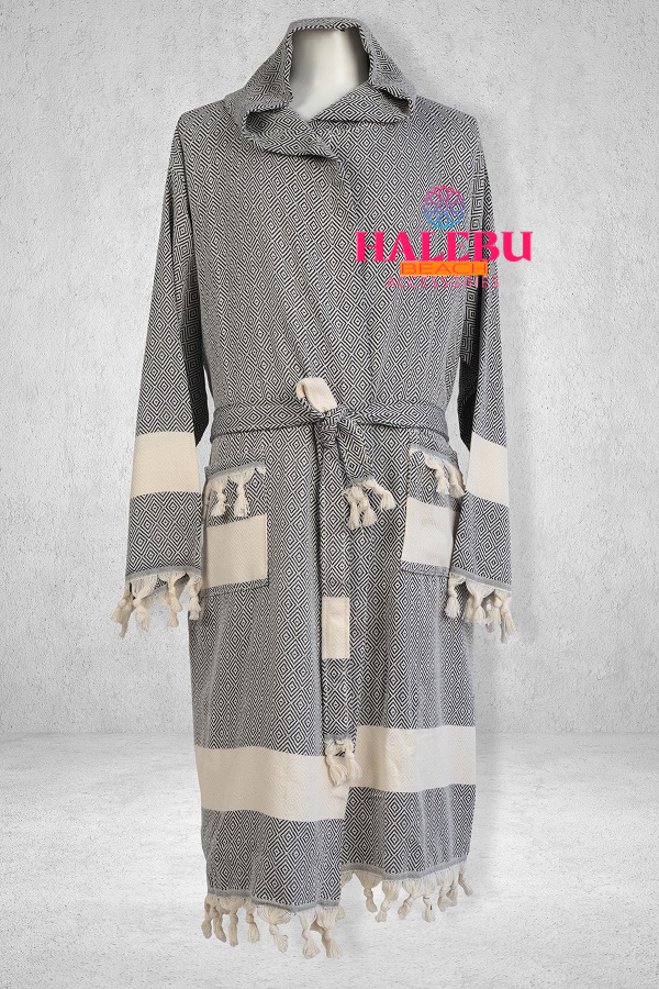 Black Color Diamond Design Hooded Peshtemal Bathrobe
