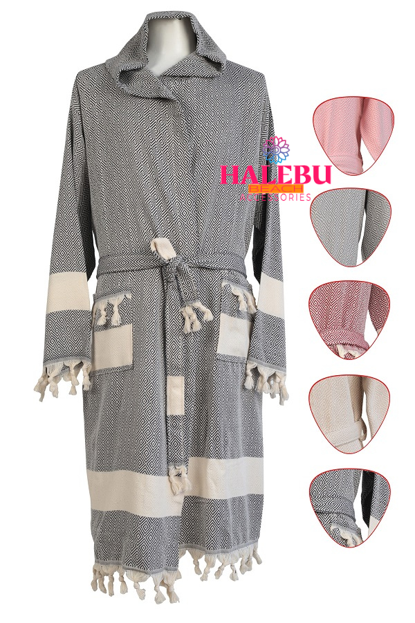 Black Color Diamond Design Hooded Peshtemal Bathrobe