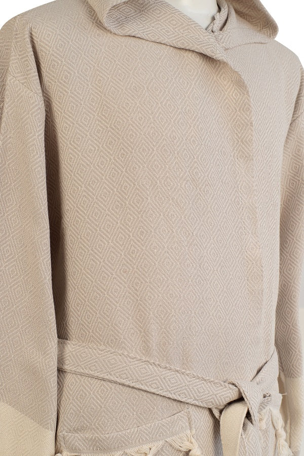 Cream Color Diamond Design Hooded Peshtemal Bathrobe