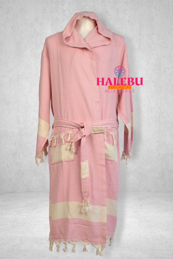 Pink Color Diamond Design Hooded Peshtemal Bathrobe
