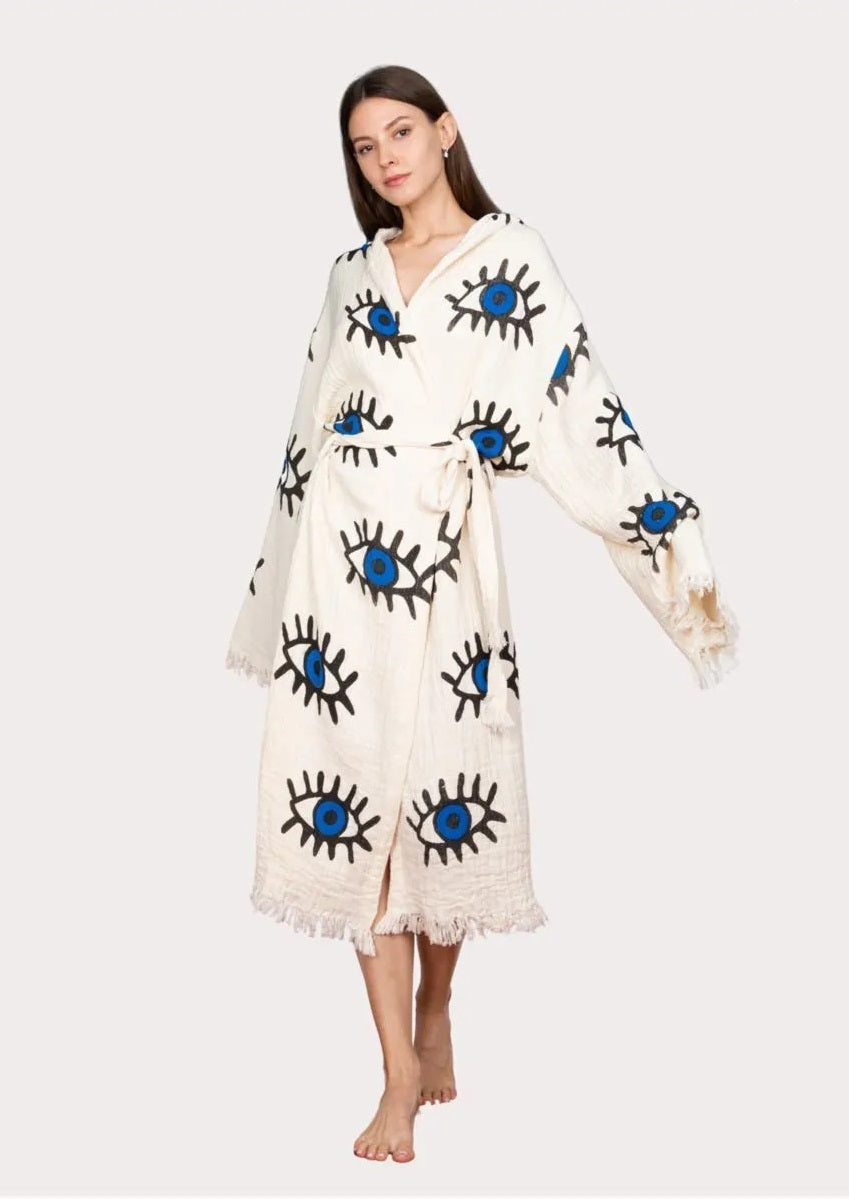 Blue Eye Printed Muslin Cotton Hooded Peshtemal Bathrobe
