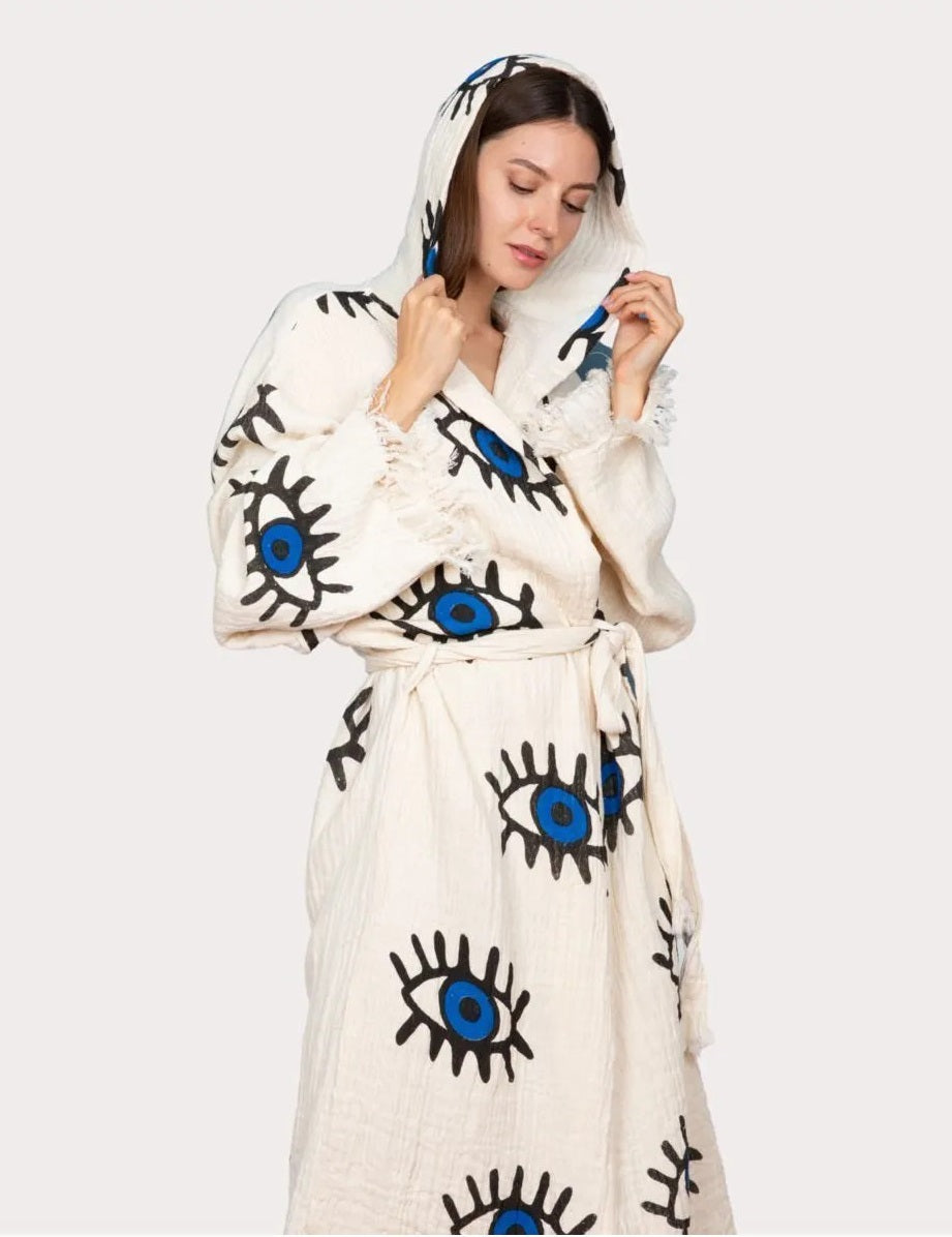 Blue Eye Printed Muslin Cotton Hooded Peshtemal Bathrobe