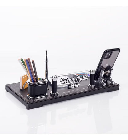 Customizable Table Nameplate | Embossed Lettering Leather Office Desktop Nameplate Set
