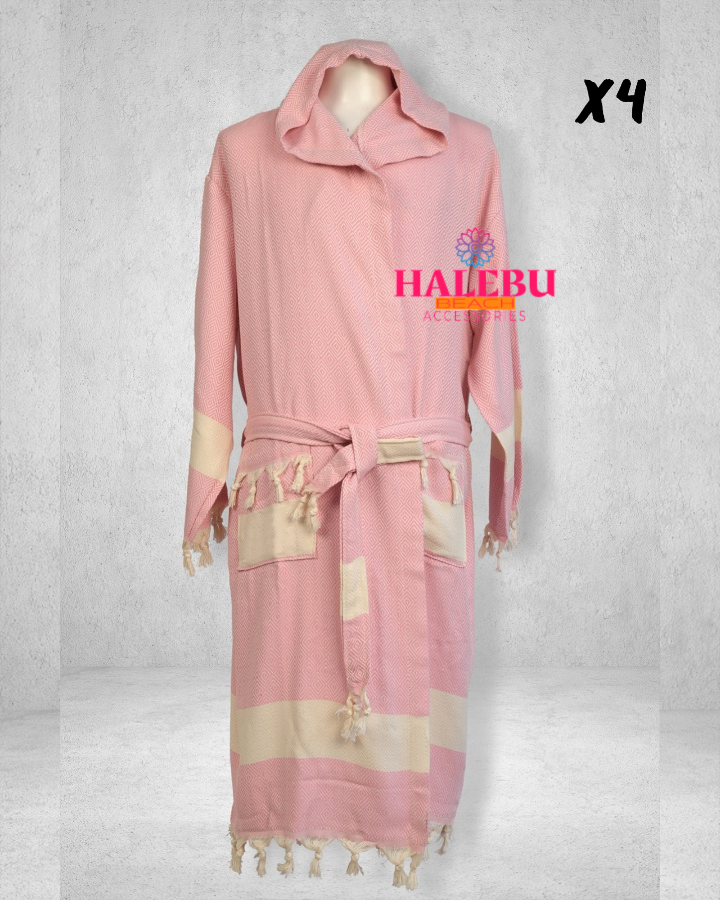 4 Pieces Pink Color Diamond Designed Hooded Peshtemal Bathrobe