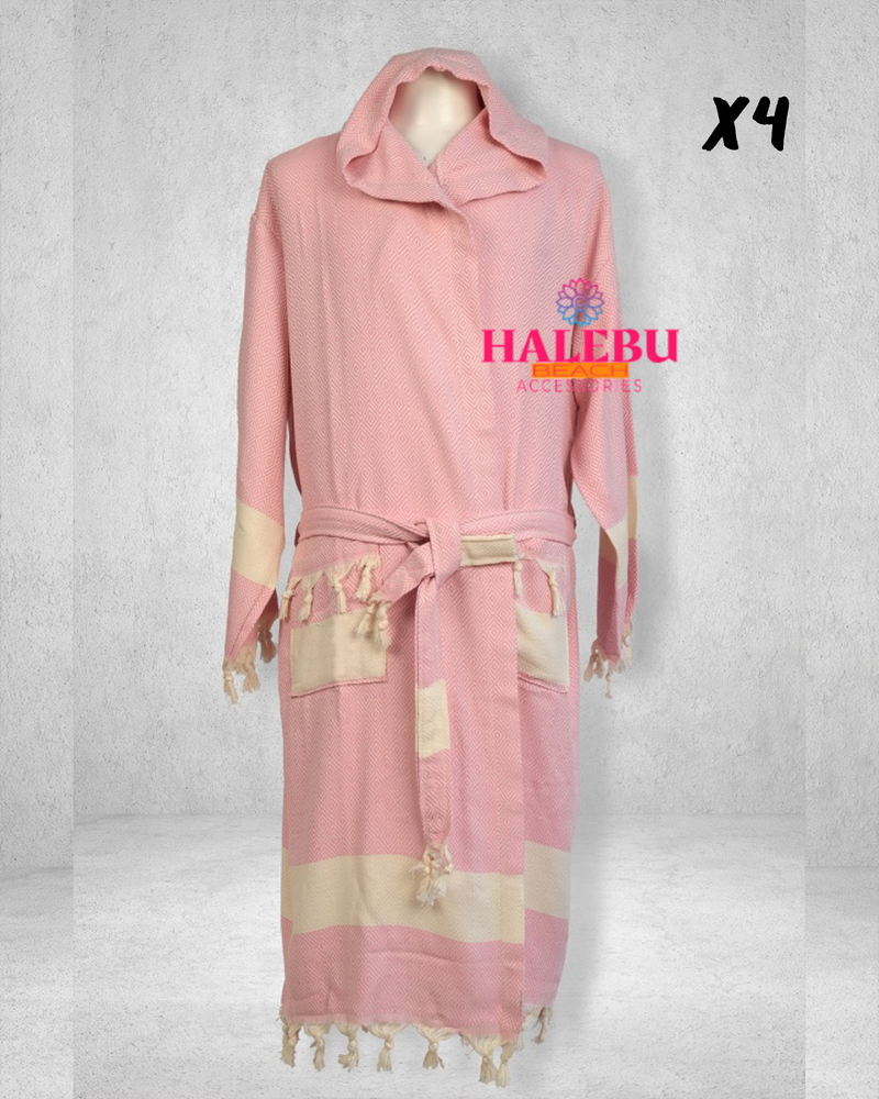 4 Pieces Pink Color Diamond Designed Hooded Peshtemal Bathrobe