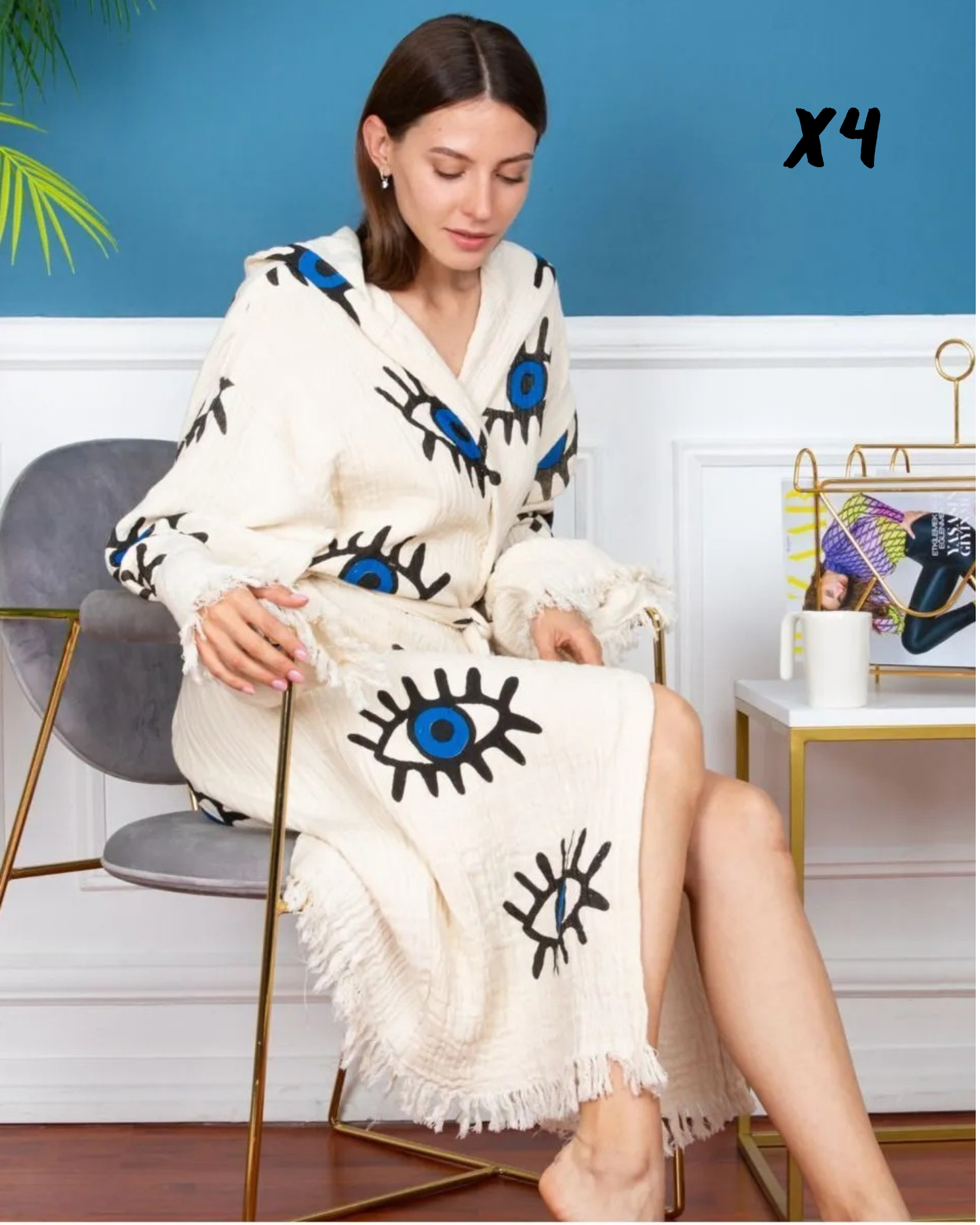 4 Pieces Blue Eye Printed Muslin Cotton Hooded Peshtemal Bathrobe