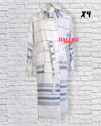 4 Pieces Blue White Striped Hooded Peshtemal Bathrobe