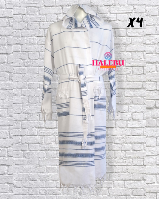 4 Pieces Blue White Striped Hooded Peshtemal Bathrobe