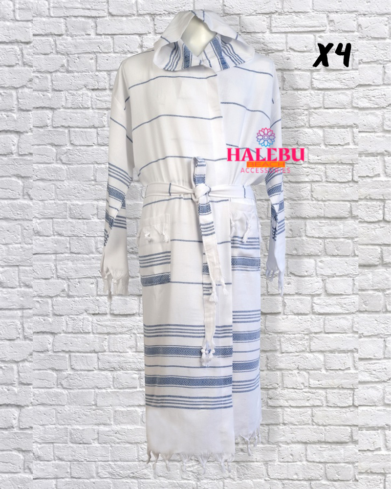 4 Pieces Blue White Striped Hooded Peshtemal Bathrobe