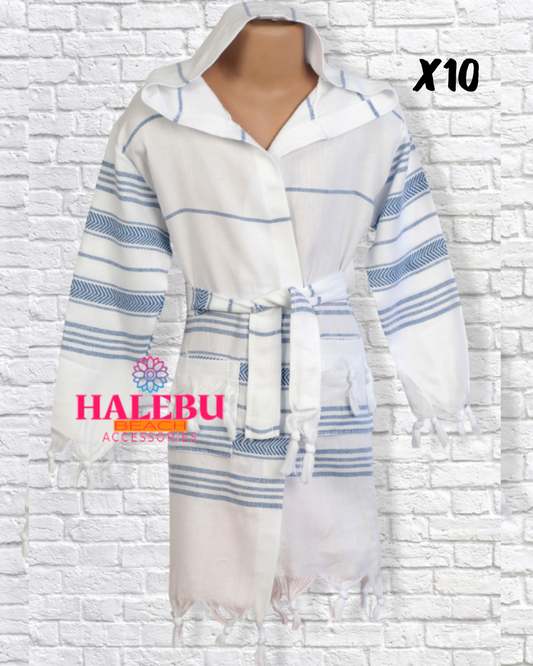 10 Pieces Blue White Striped Hooded Peshtemal Kid Bathrobe