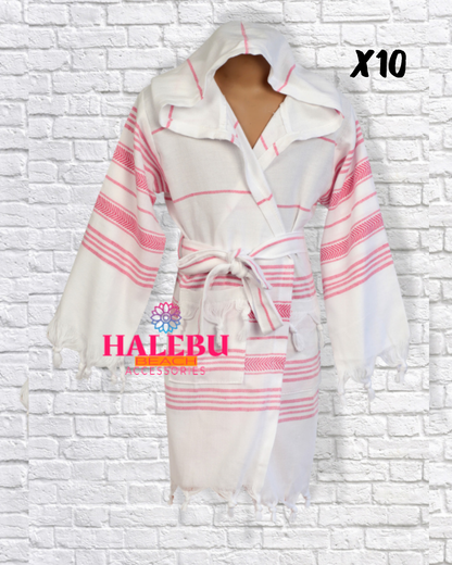 10 Pieces Pink White Striped Hooded Peshtemal Kid Bathrobe