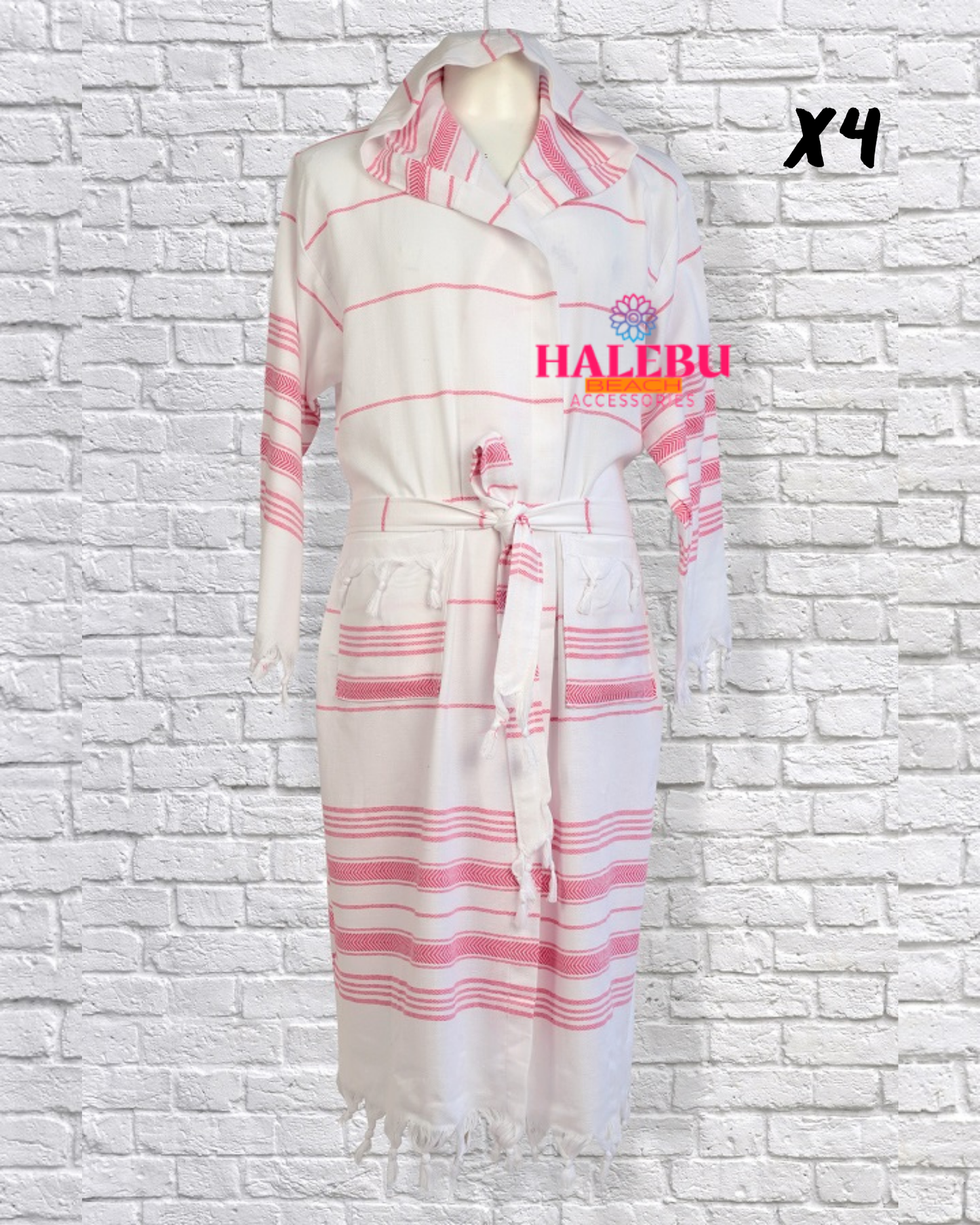 4 Pieces Pink White Striped Hooded Peshtemal Bathrobe