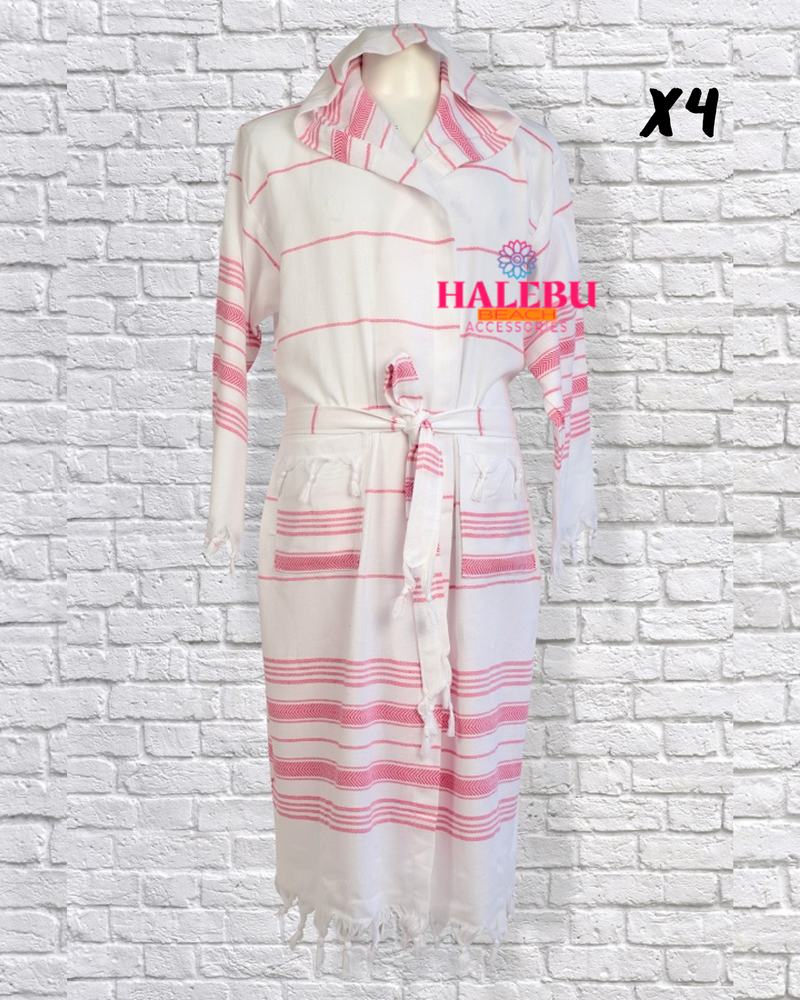 4 Pieces Pink White Striped Hooded Peshtemal Bathrobe
