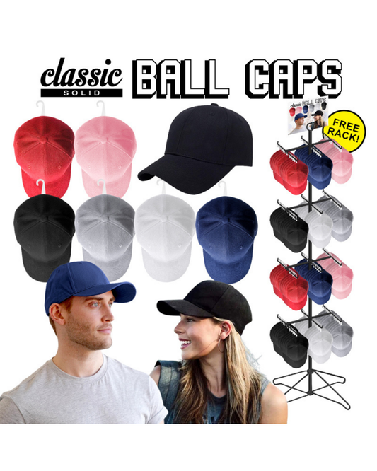 96 Pieces Baseball Caps Solid Color + Free Rack