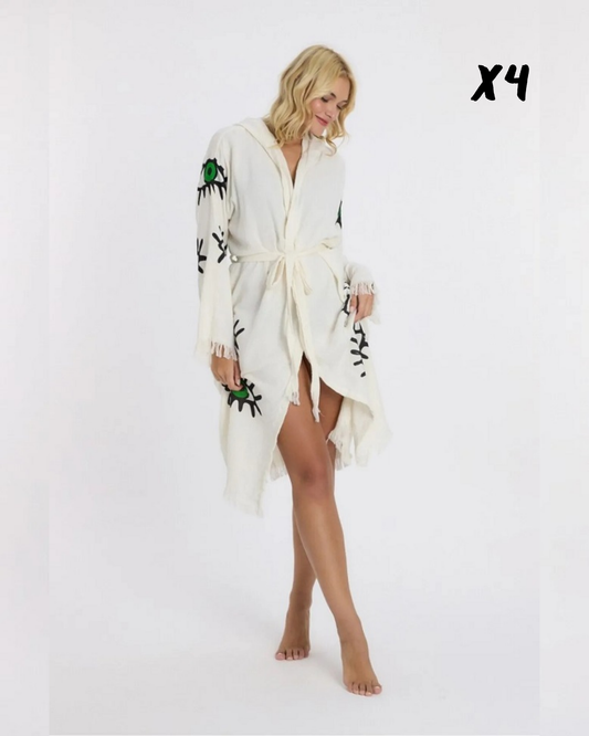 4 Pieces Green Eye Printed Muslin Cotton Hooded Peshtemal Bathrobe