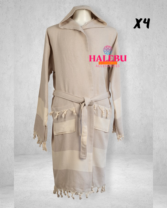 4 Pieces Cream Color Diamond Designed Hooded Peshtemal Bathrobe