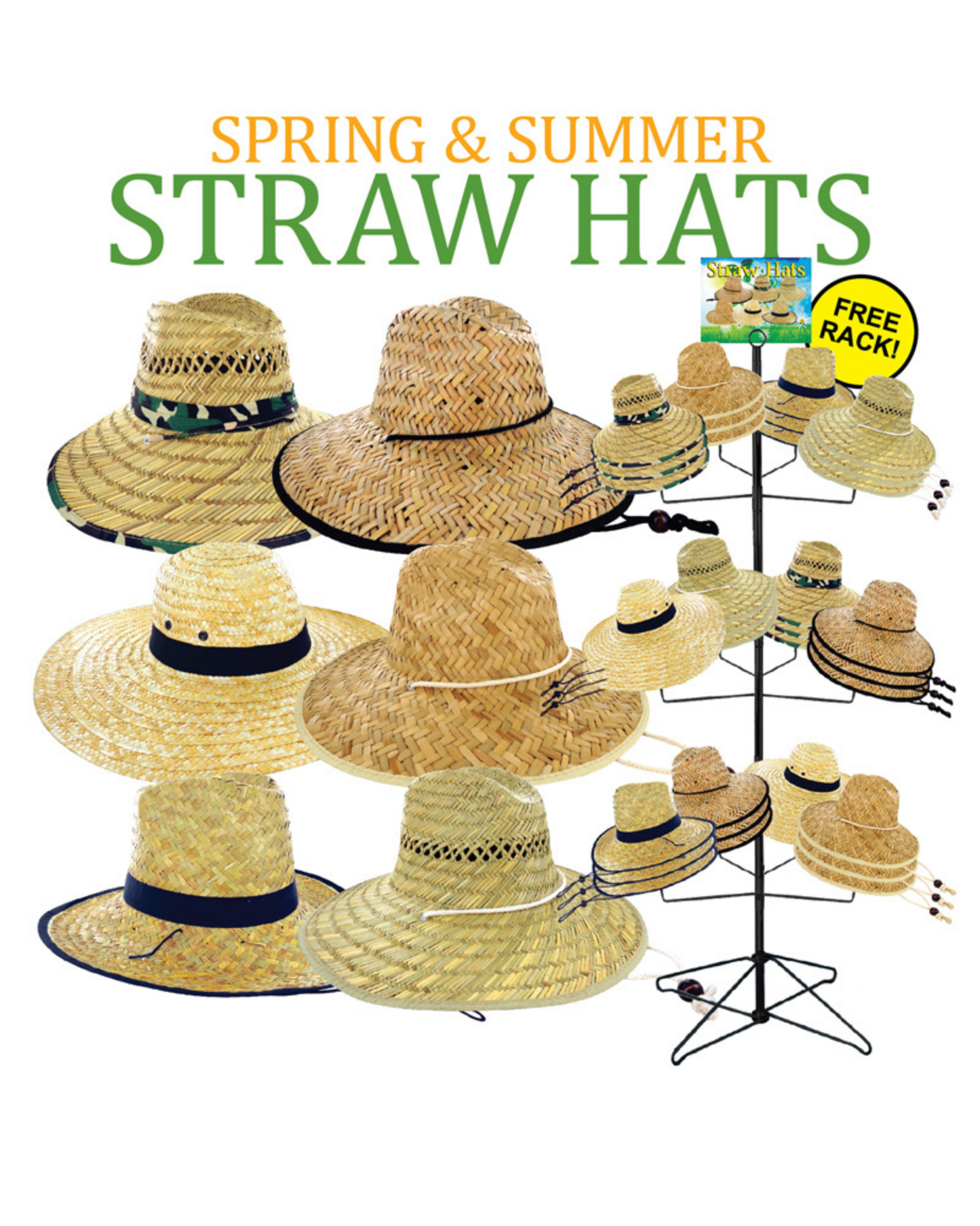 96 Pieces Summer Straw Hats + Free Rack