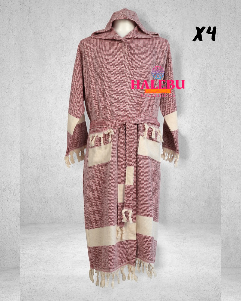 4 Pieces Claret Red Color Diamond Designed Hooded Peshtemal Bathrobe