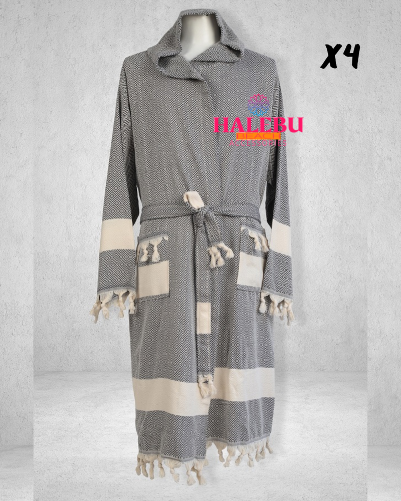 4 Pieces Gray Color Diamond Designed Hooded Peshtemal Bathrobe