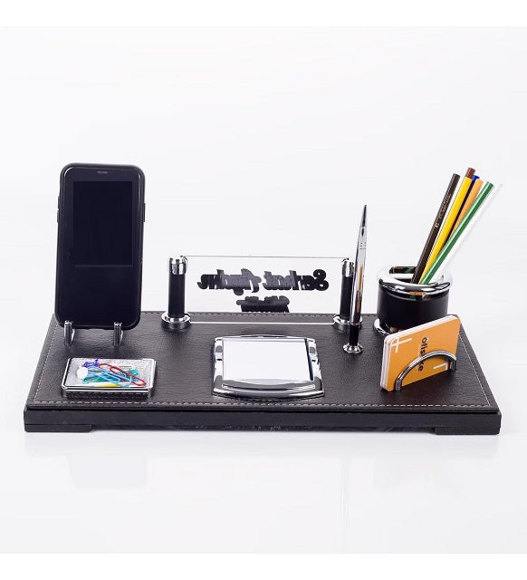 Customizable Table Nameplate | Embossed Lettering Leather Office Desktop Nameplate Set