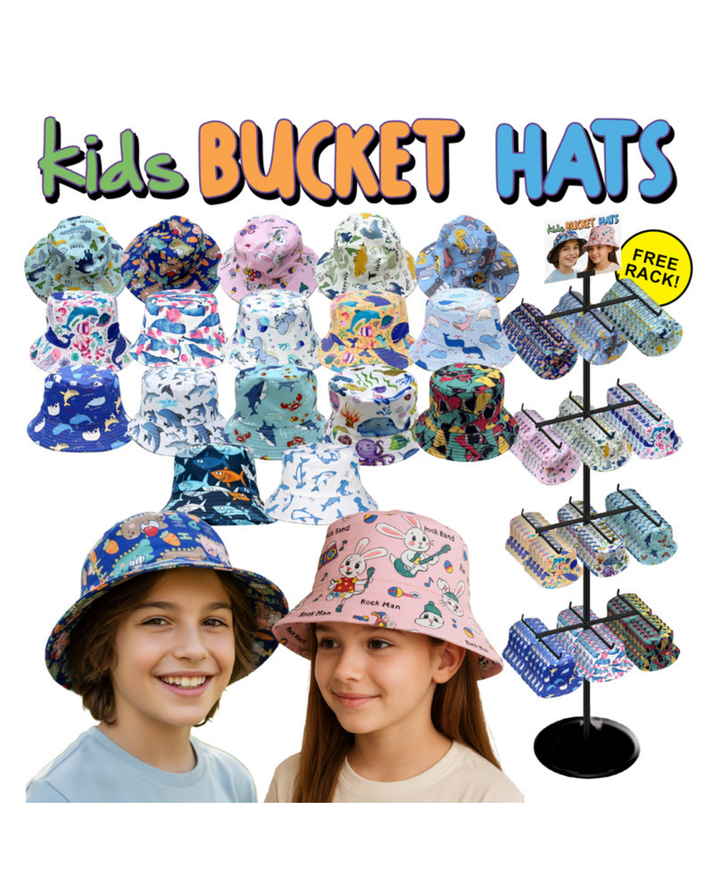 120 Pieces Kids Bucket Hat + Free Rack