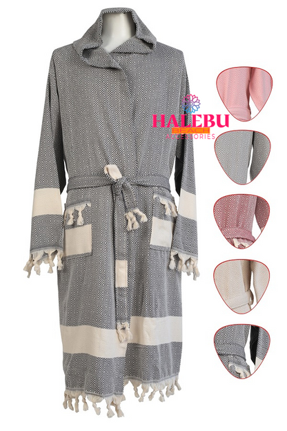 Black Color Diamond Design Hooded Peshtemal Bathrobe