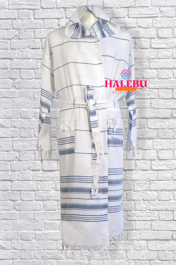 Blue White Striped Hooded Peshtemal Bathrobe