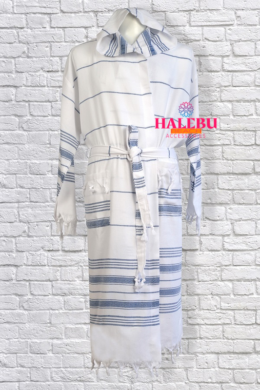 Blue White Striped Hooded Peshtemal Bathrobe