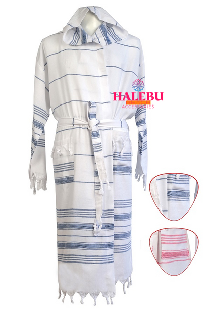 Blue White Striped Hooded Peshtemal Bathrobe