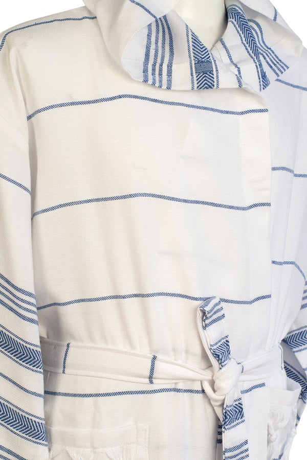 Blue White Striped Hooded Peshtemal Bathrobe