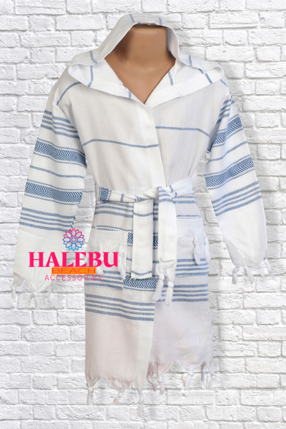 Blue and White Striped Hooded Peshtemal Kid Bathrobe