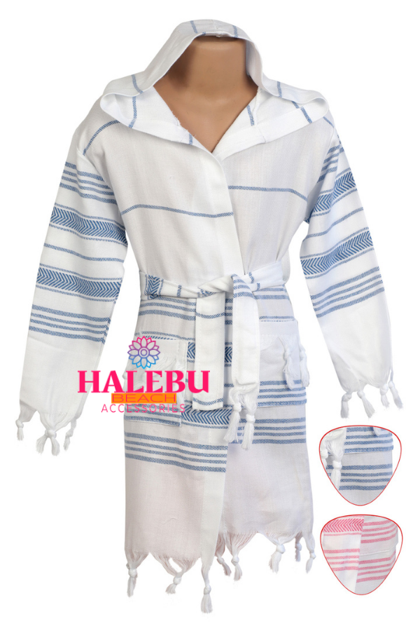 Blue and White Striped Hooded Peshtemal Kid Bathrobe