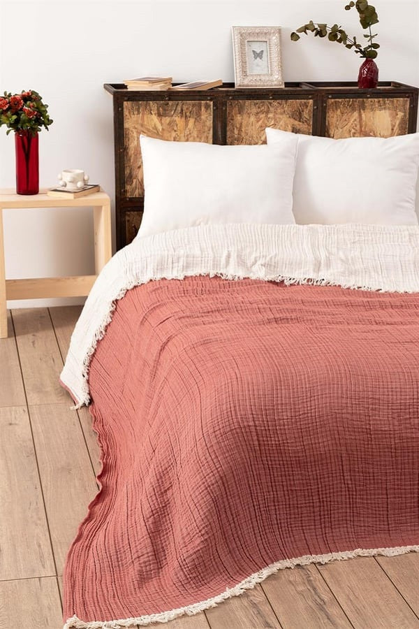 Brick Red Color King Size Muslin Cotton Blanket and Bedspread