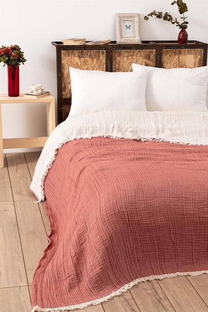 Brick Red Color King Size Muslin Cotton Blanket and Bedspread