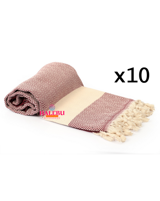 10 Pieces Claret Red Color Diamond Pattern Design Beach Towel