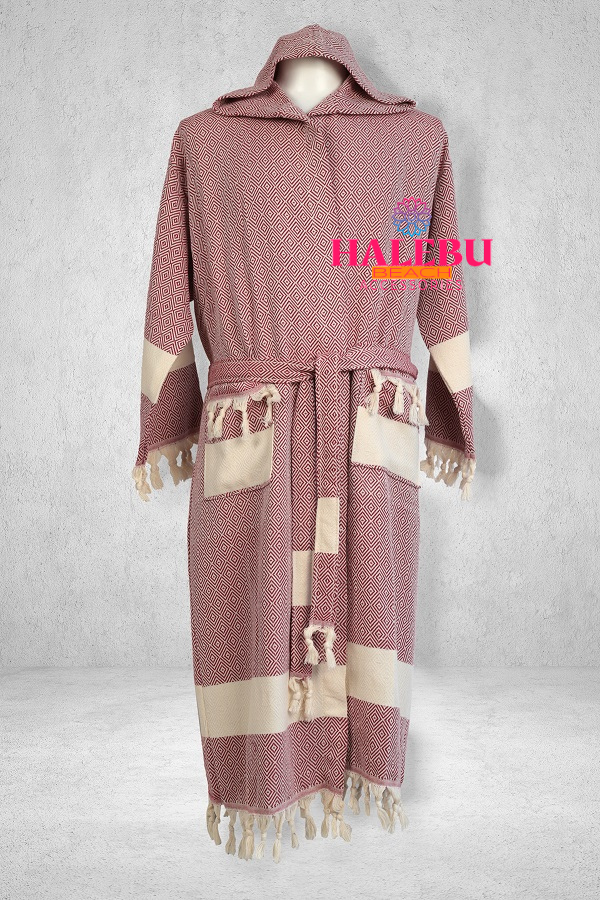 Claret Red Color Diamond Design Hooded Peshtemal Bathrobe