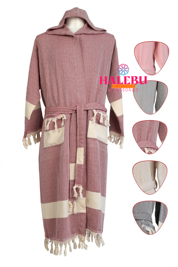 4 Pieces Claret Red Color Diamond Designed Hooded Peshtemal Bathrobe