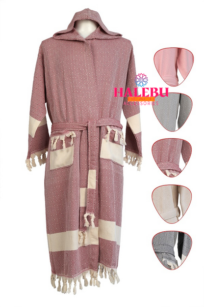 4 Pieces Claret Red Color Diamond Designed Hooded Peshtemal Bathrobe